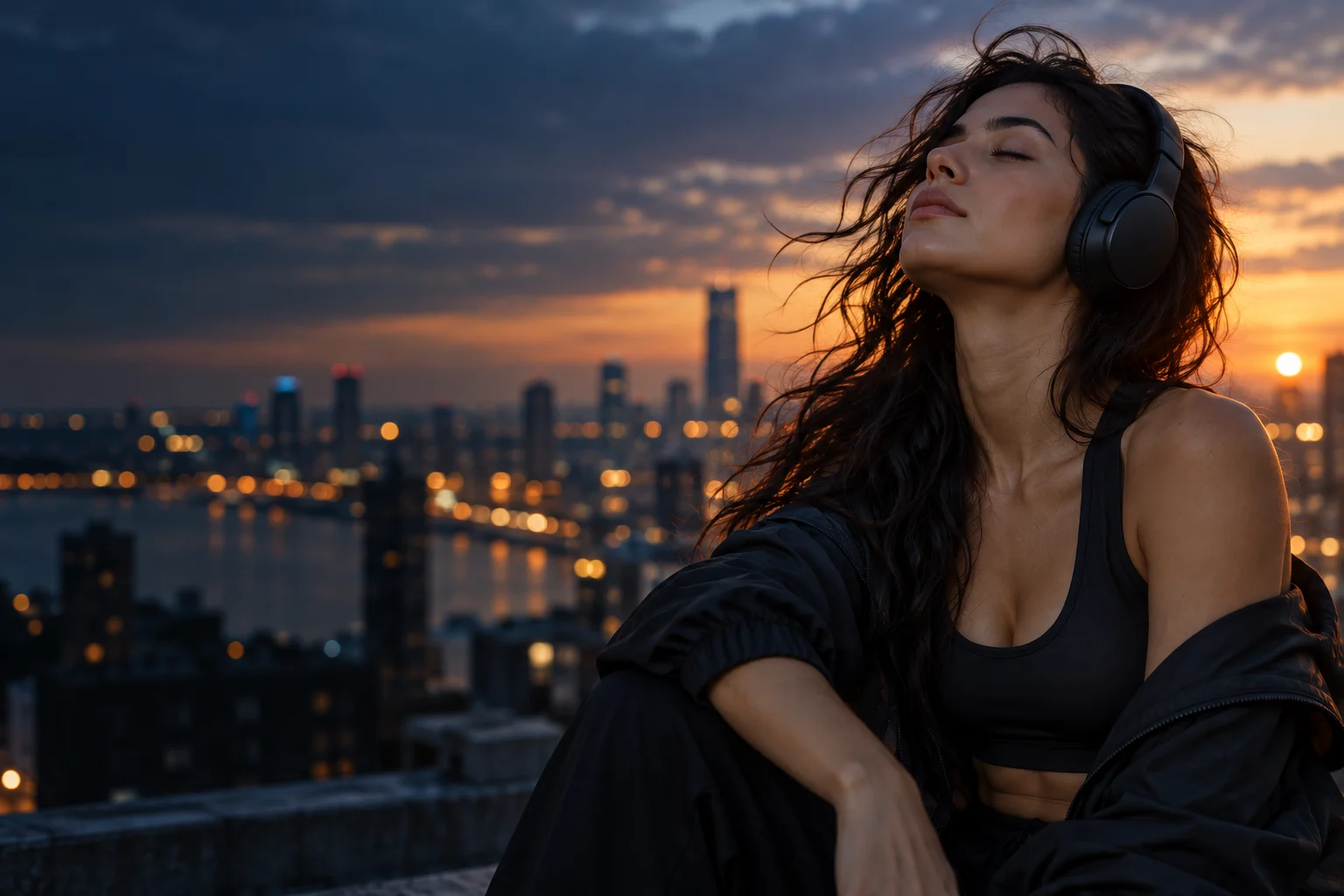 A listener immersed in music above the city at sunset