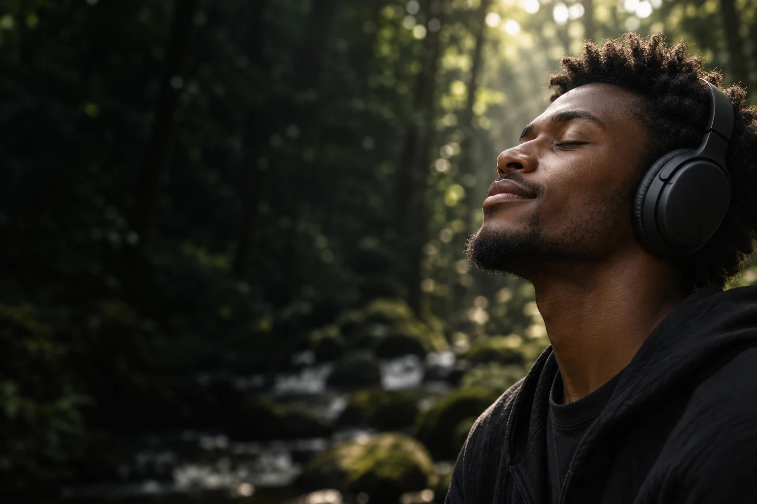 A man enjoying music through headphones in the forest