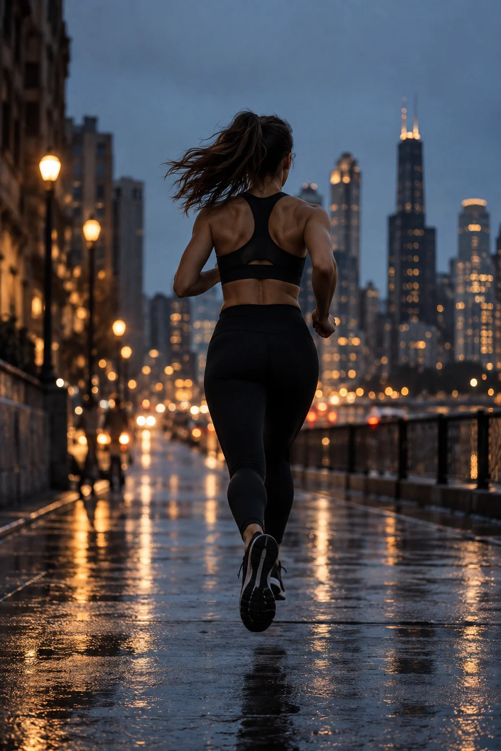 Runner on a city street at dusk